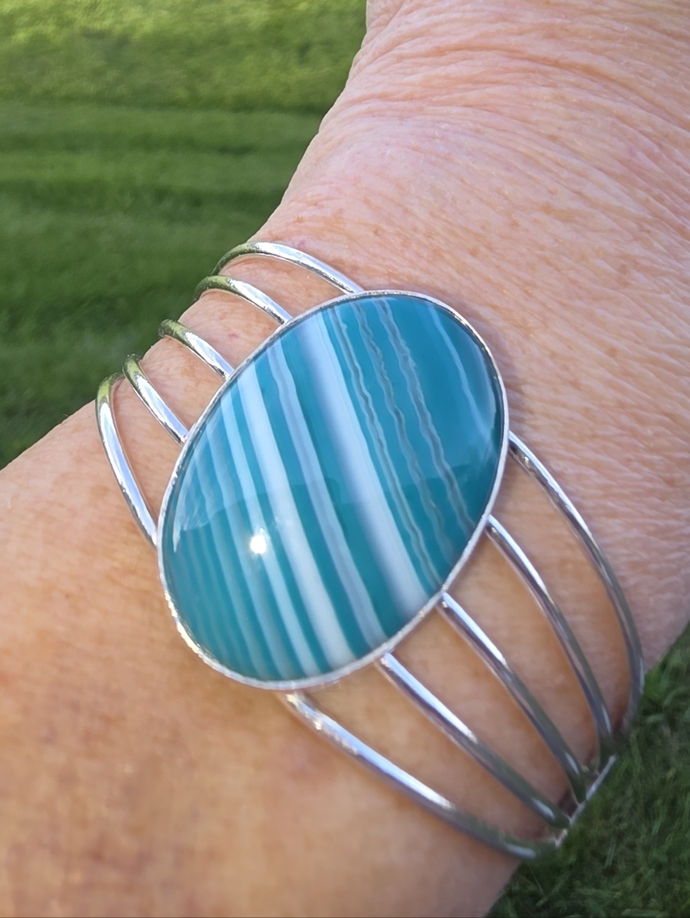 Blue Lace Agate Gemstone Cuff Bracelet In 925 Sterling Silver